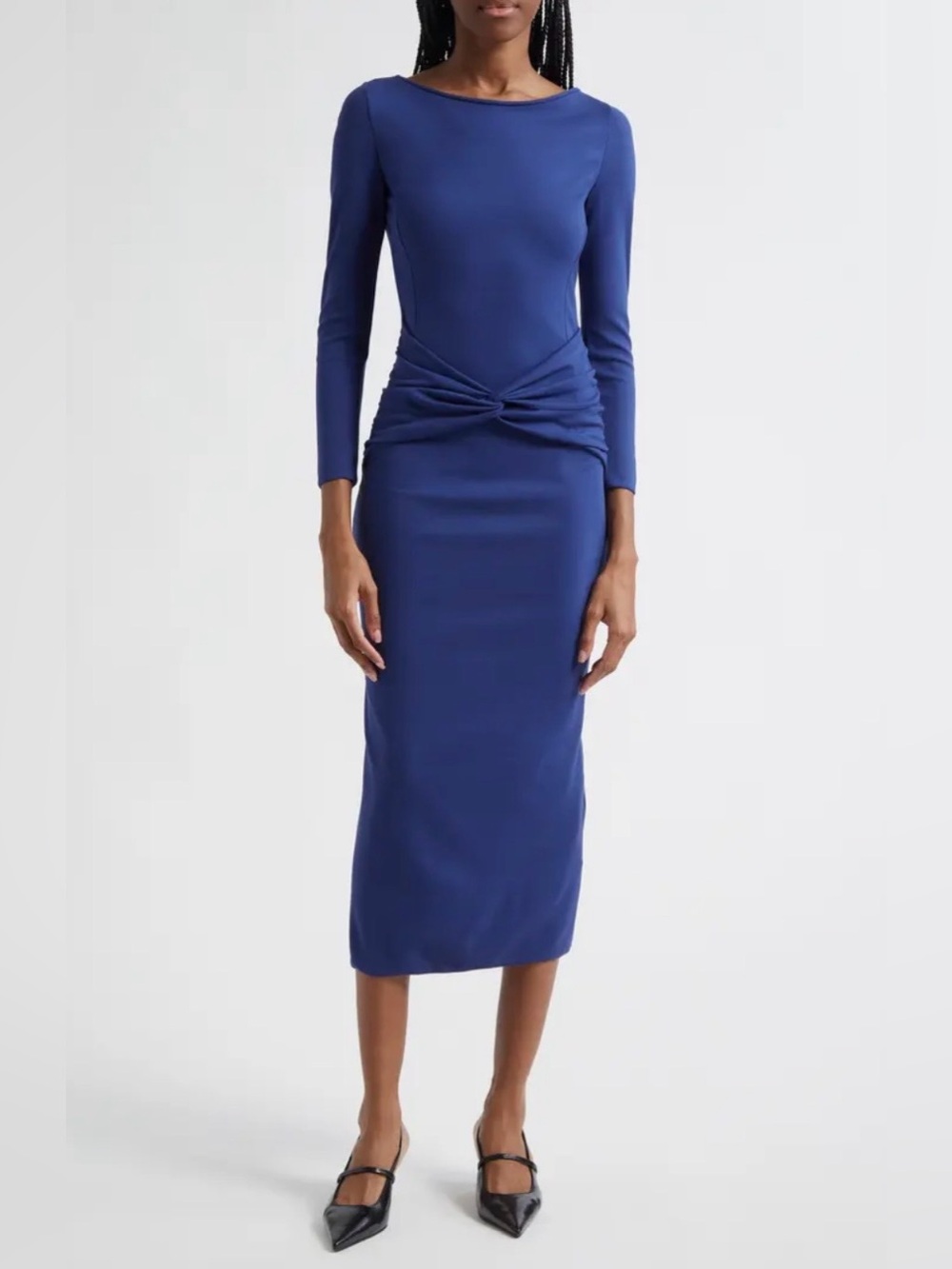 Emporio Armani Blue Punto Milano Gathered Waist Midi Dress Long Sleeve XL NWT